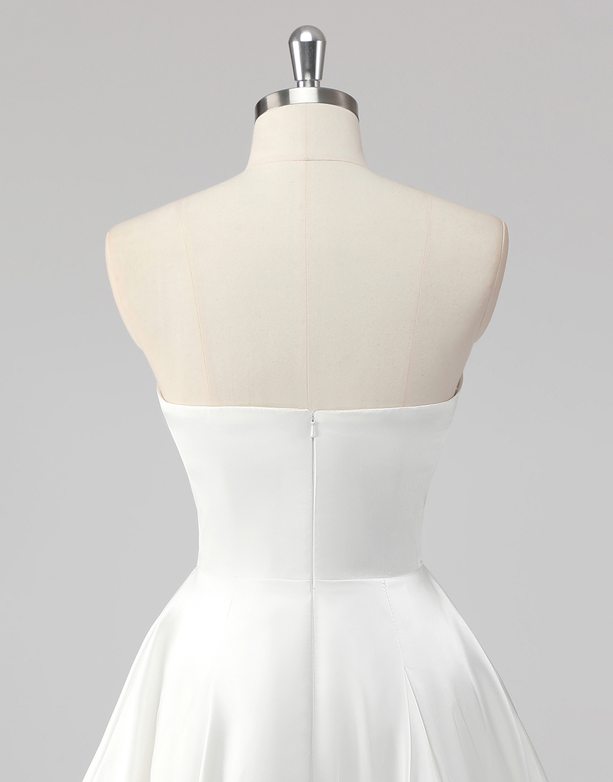 Simple A-Line Strapless Pleating Satin Little White Graduation Dress