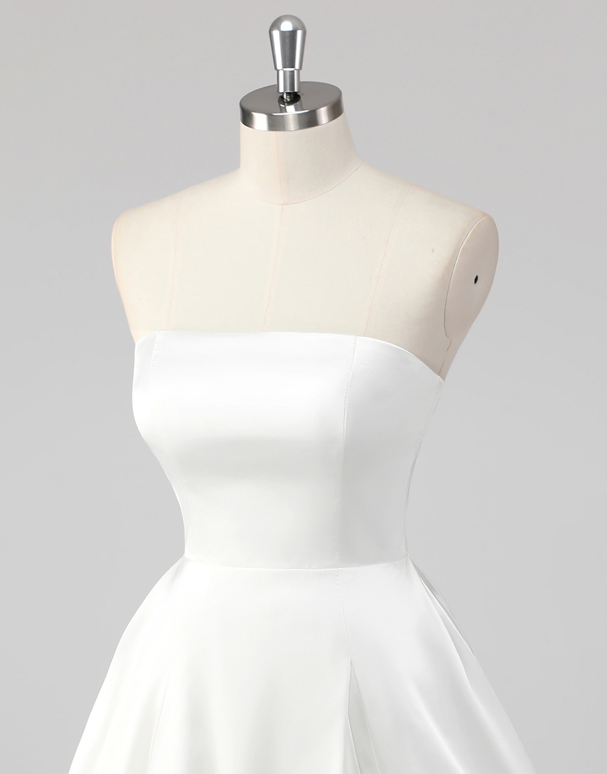Simple A-Line Strapless Pleating Satin Little White Graduation Dress