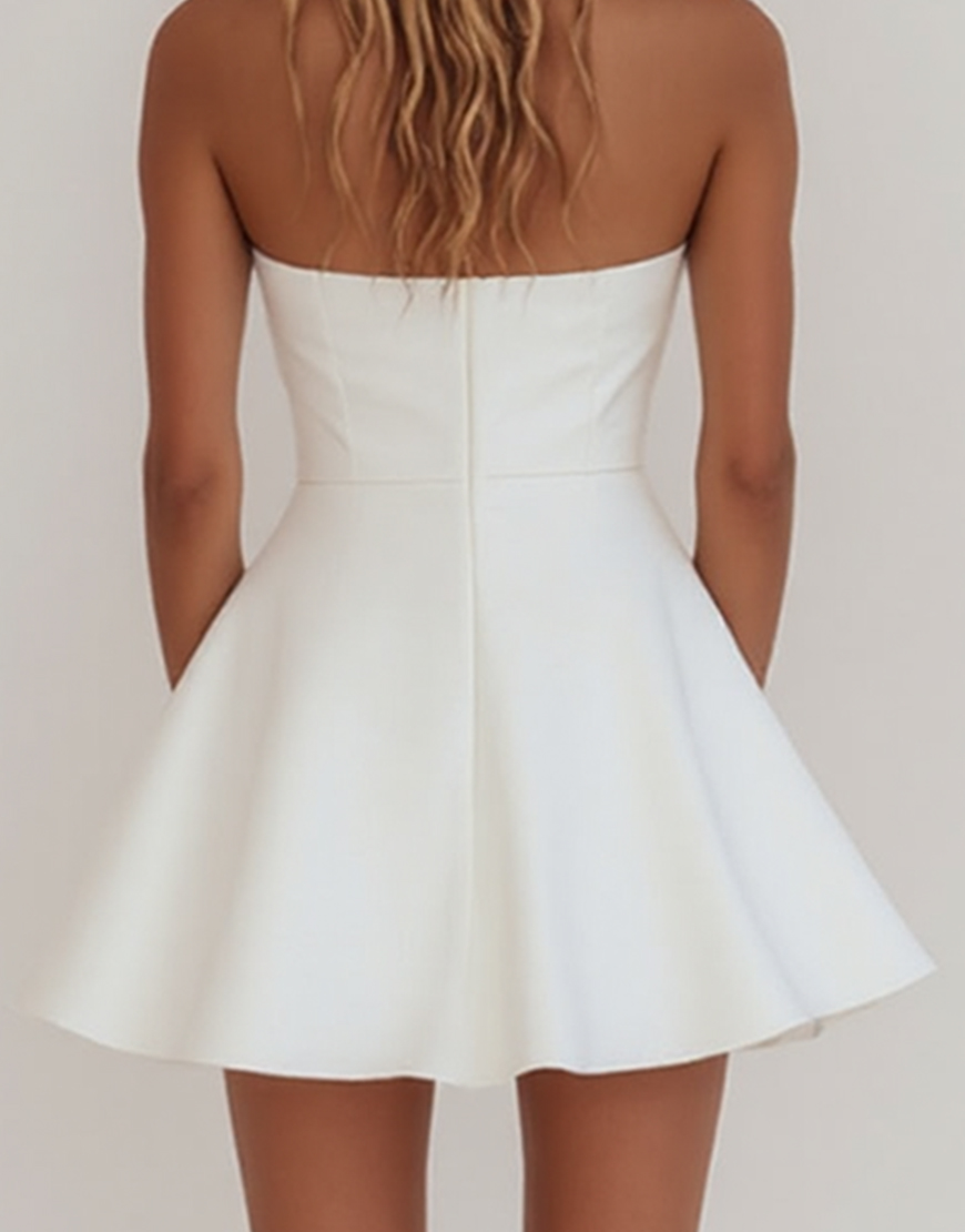 Simple A-Line Strapless Pleating Satin Little White Graduation Dress