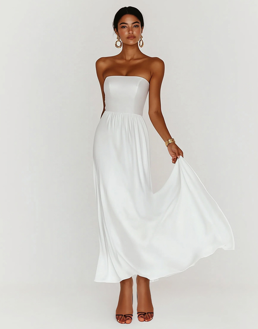 White Sheath Strapless Pleating Satin Long Graduation Dress