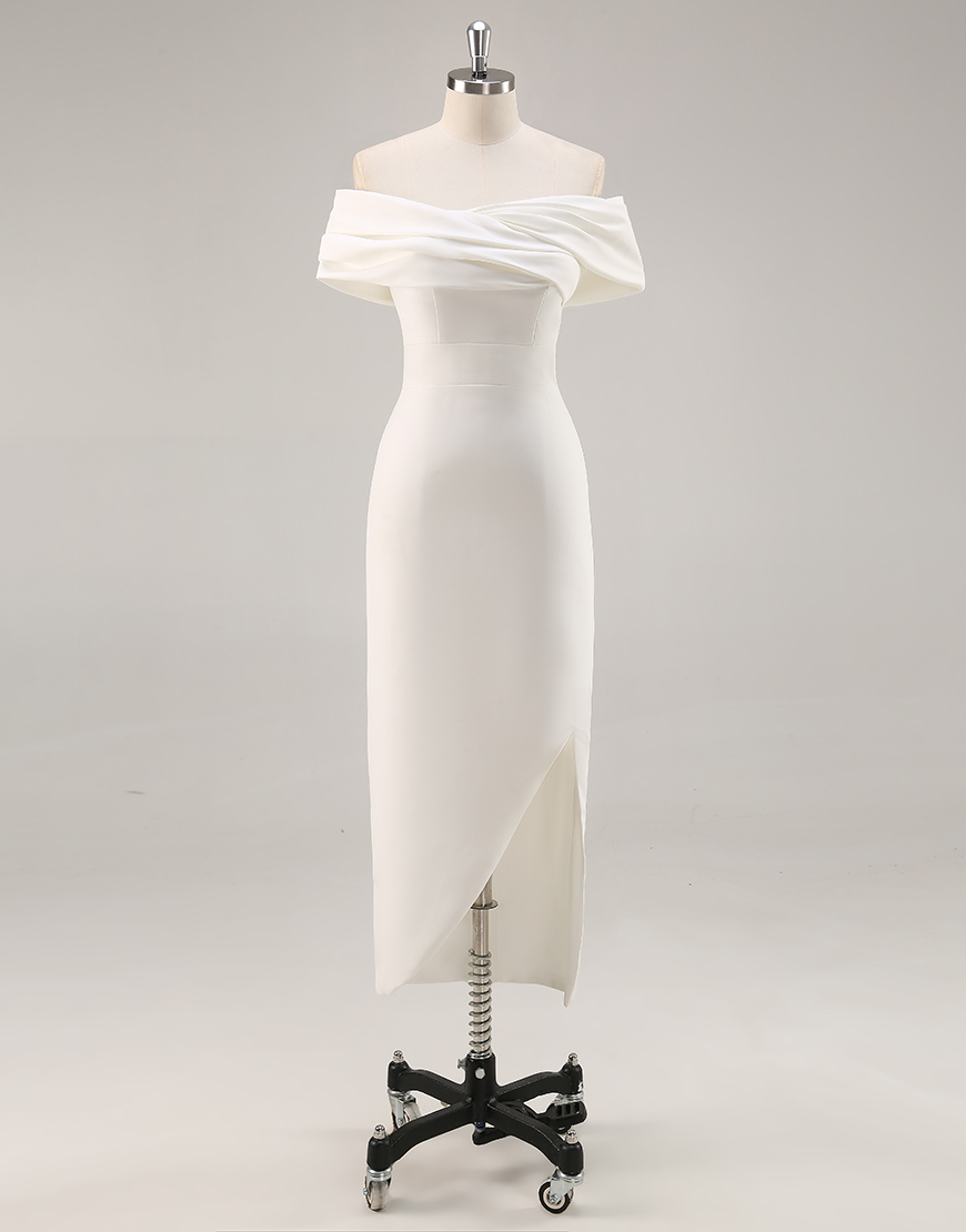 Sexy Mermaid Pleated Off the Shoulder Satin Tea Length White Graduation Dress