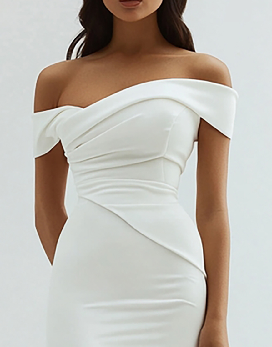 Simple Sheath Off the Shoulder Satin Tea Length Little White Graduation Dress with Slit