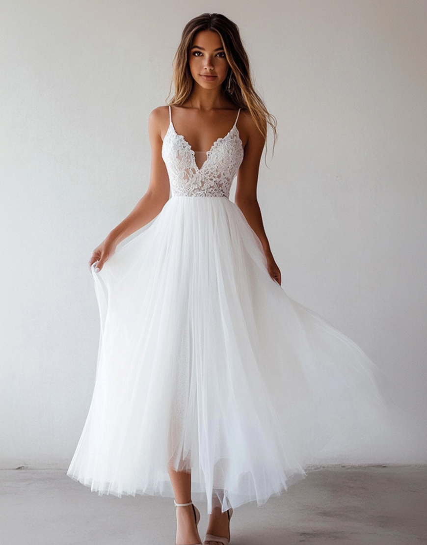 Princess White A-Line Spaghetti Straps Laced Top Tulle Long Graduation Dress