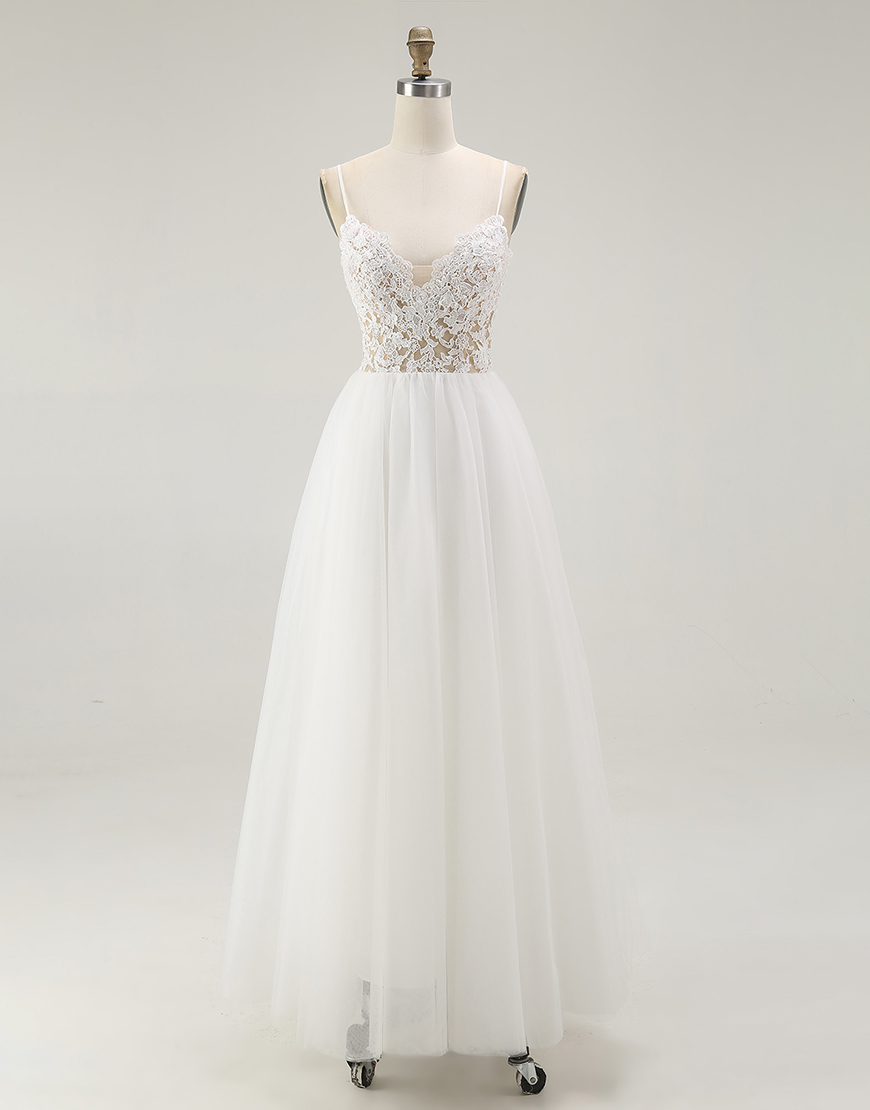 Princess White A-Line Spaghetti Straps Laced Top Tulle Long Graduation Dress