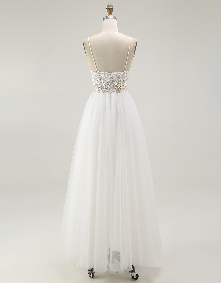 Princess White A-Line Spaghetti Straps Laced Top Tulle Long Graduation Dress