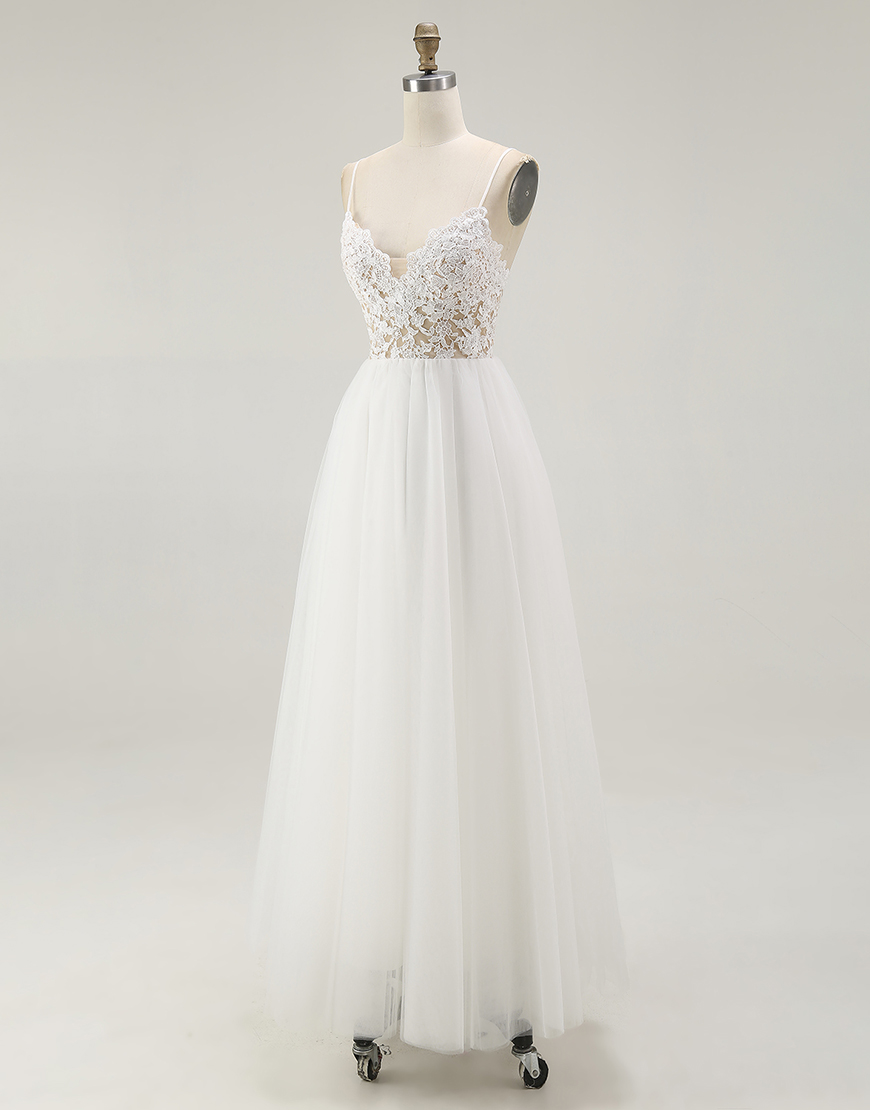 White A-Line Spaghetti Straps Tulle Long Graduation Dress with Lace