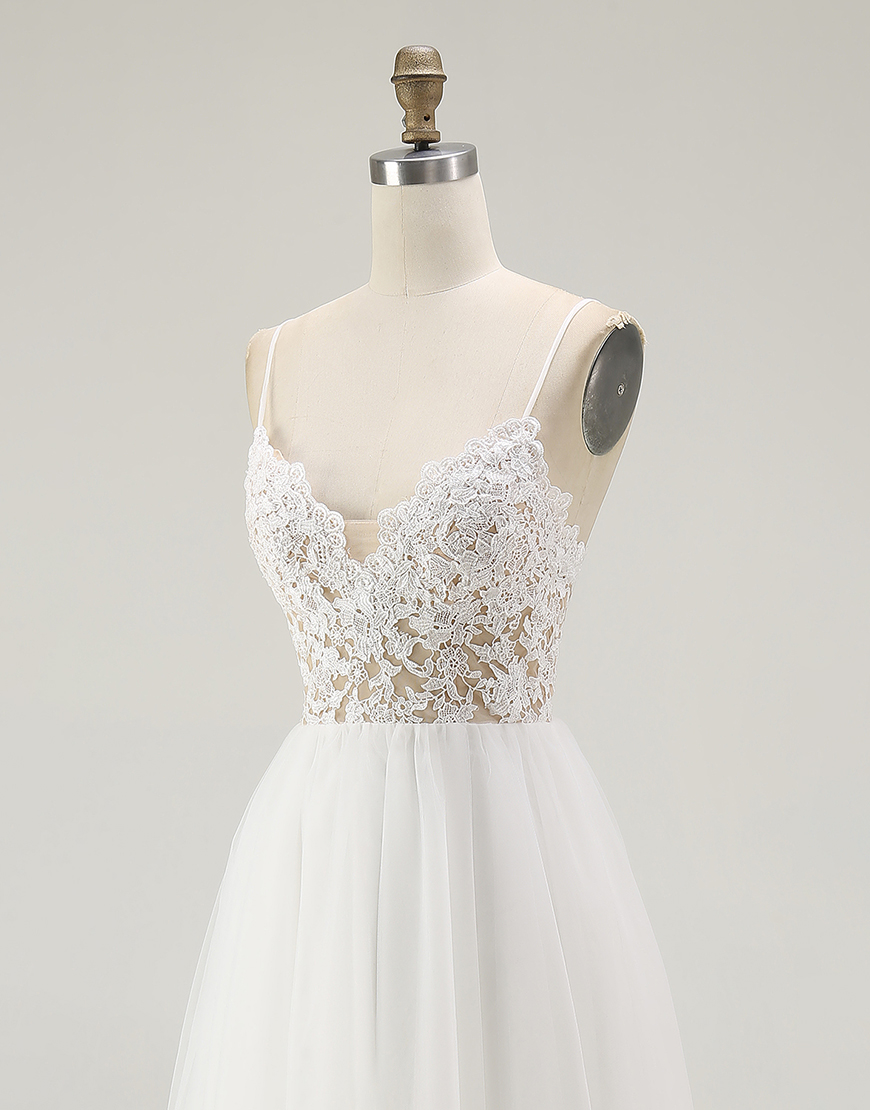 White A-Line Spaghetti Straps Tulle Long Graduation Dress with Lace