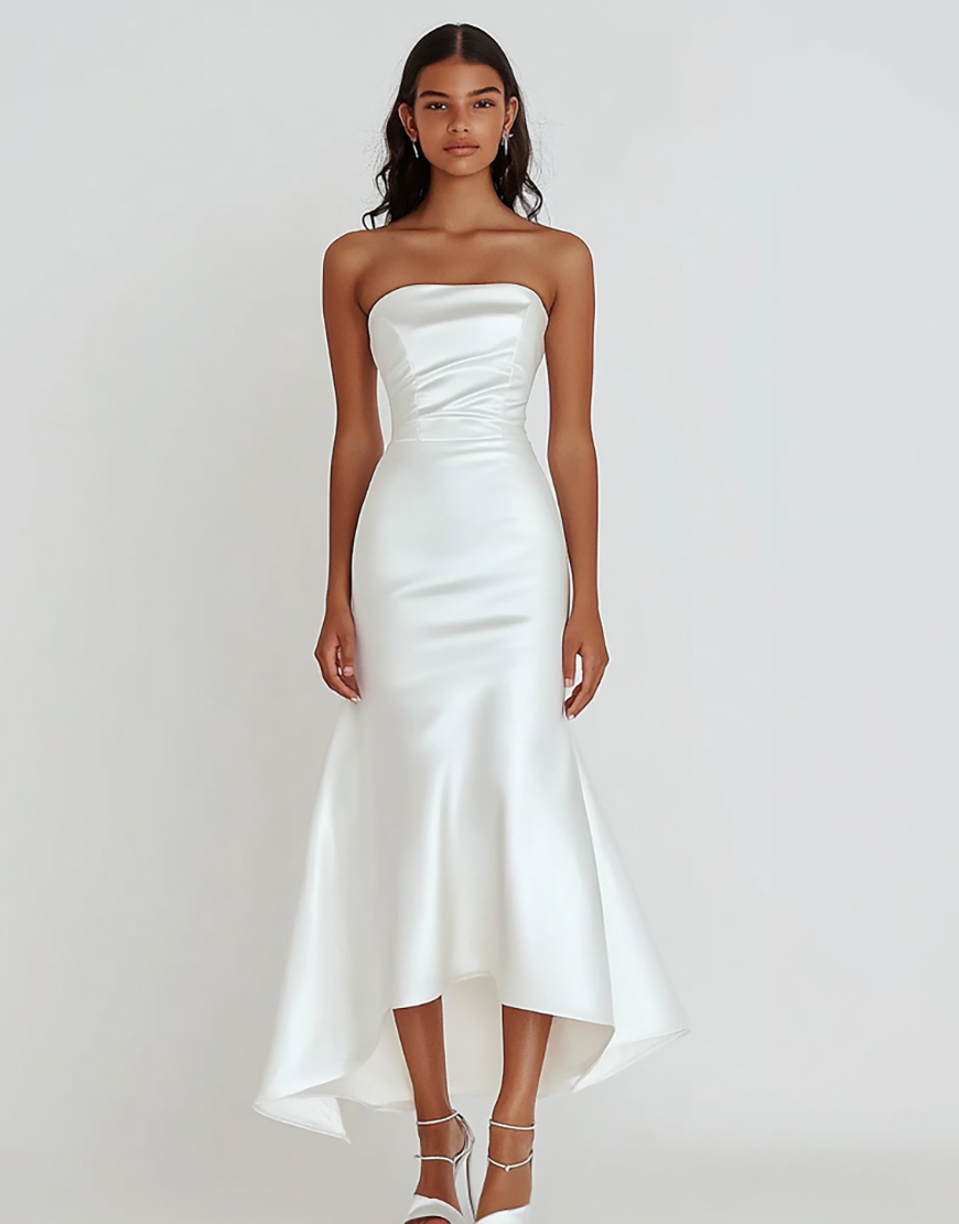 Simple Sheath Strapless Satin Ruched Tea Length Little White Graduation Dress