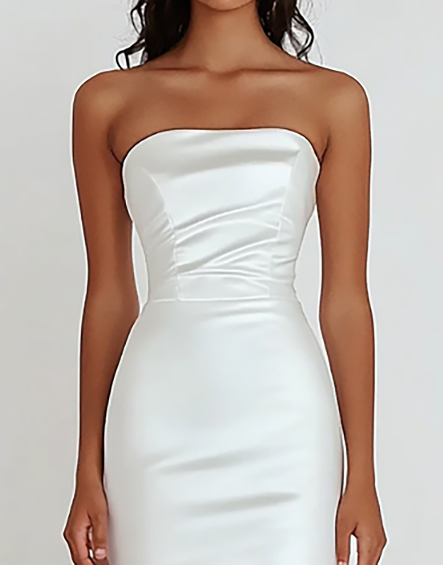 Simple Sheath Strapless Satin Ruched Tea Length Little White Graduation Dress