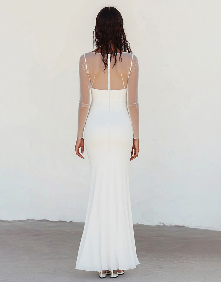 Sheath Illusion Long Sleeves Boat Neck Chiffon Long Graduation Dress