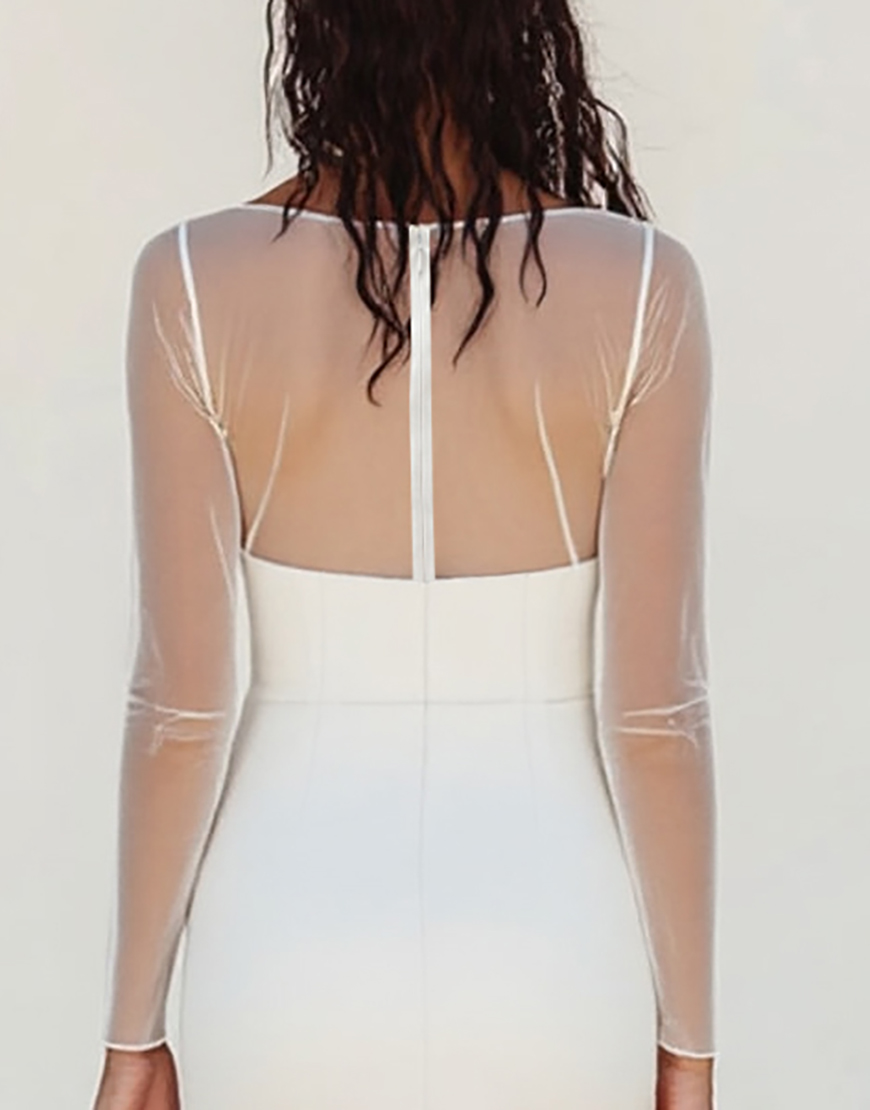 Sheath Illusion Long Sleeves Boat Neck Chiffon Long Graduation Dress