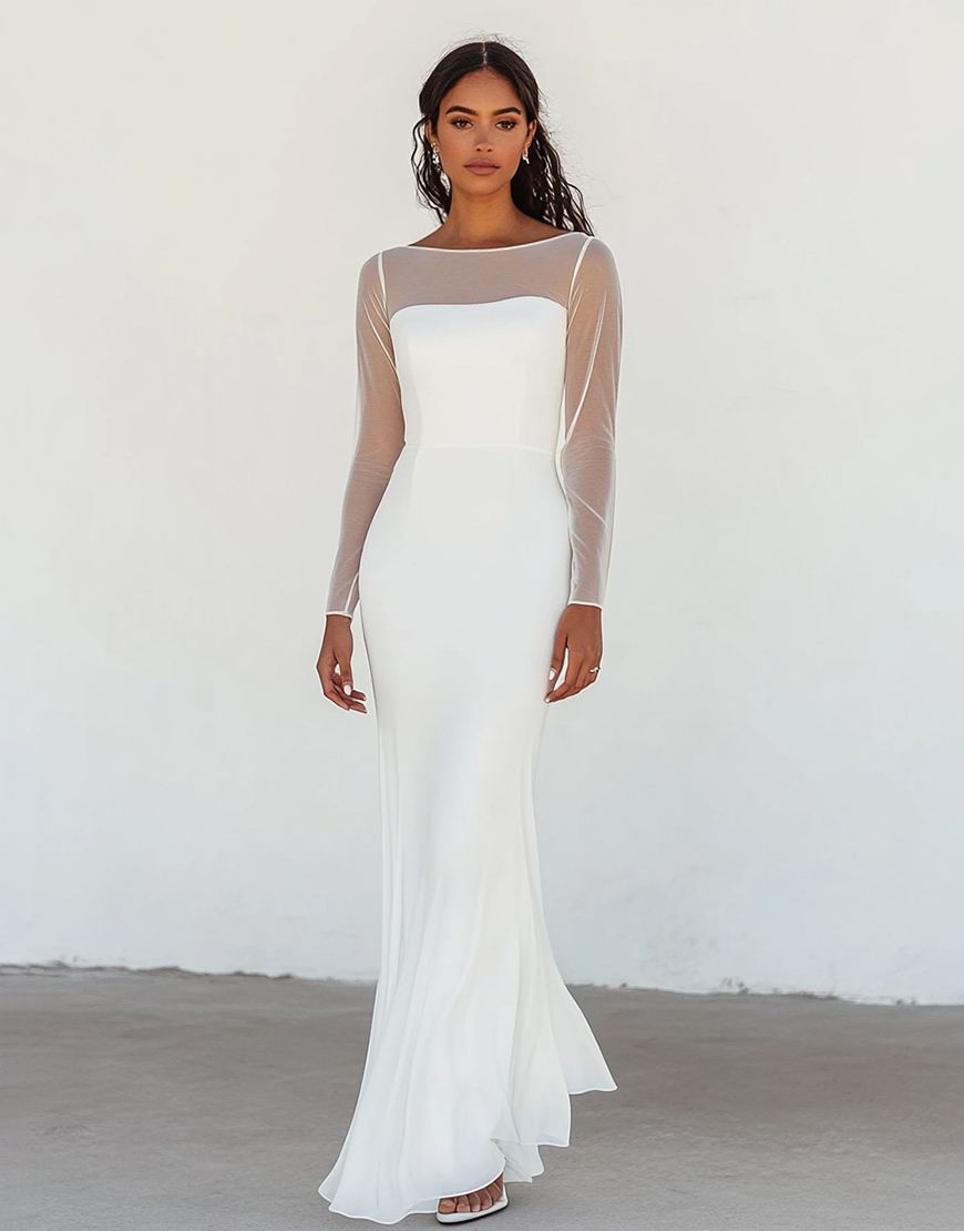 Sheath Illusion Long Sleeves Boat Neck Chiffon Long Graduation Dress