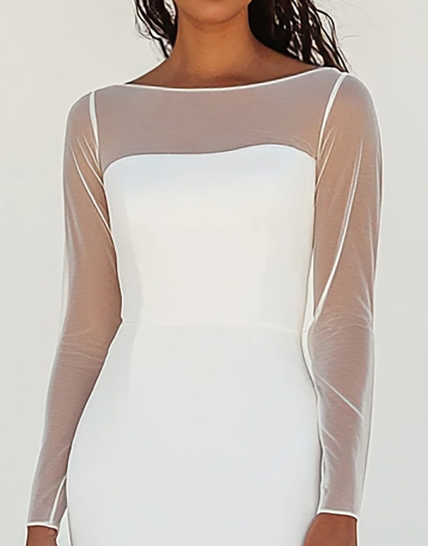 Sheath Illusion Long Sleeves Boat Neck Chiffon Long Graduation Dress