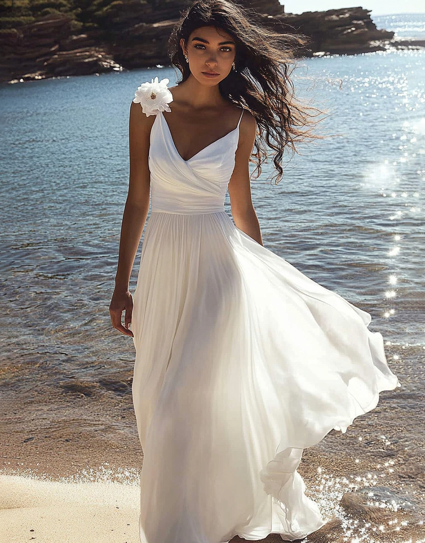 Flowy White A-Line Spaghetti Straps Ruched Long Graduation Dress with Flower