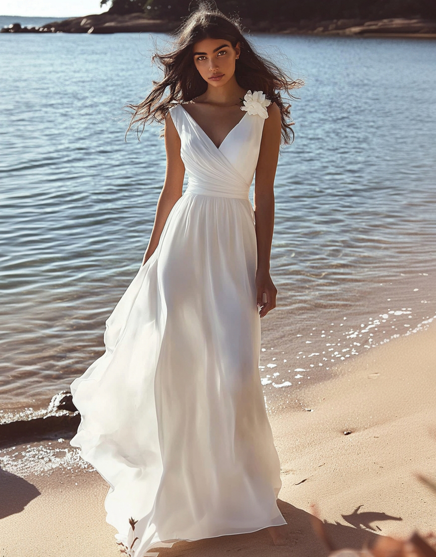 White A-Line V Neck Wrap Ruched Long Graduation Dress with Flower