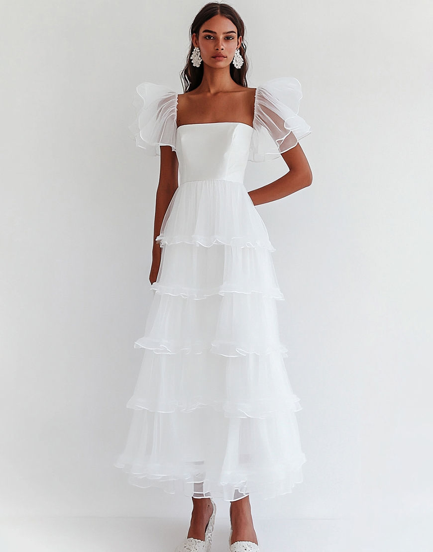 White A-Line Ruffles Square Neck Organza Ankle Length Graduation Dress
