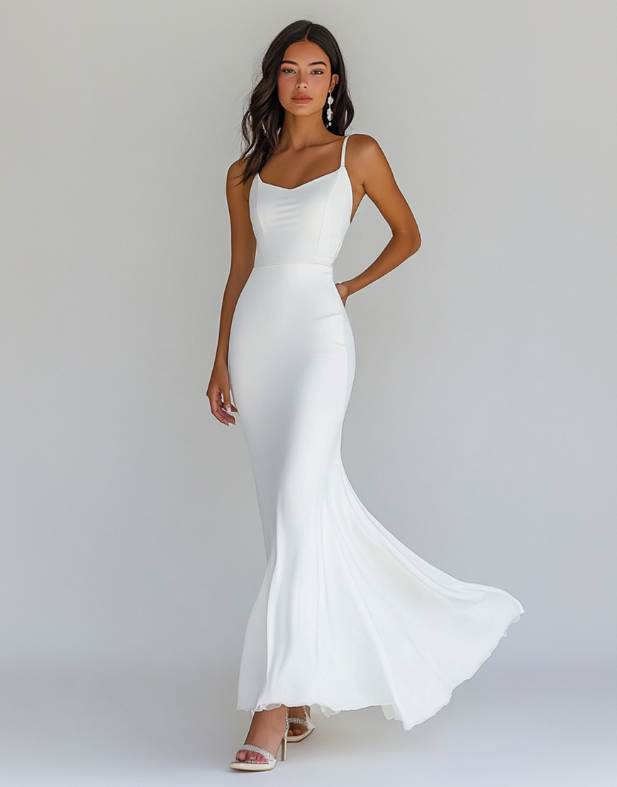 Flowy White Mermaid Spaghetti Straps Long Graduation Dress