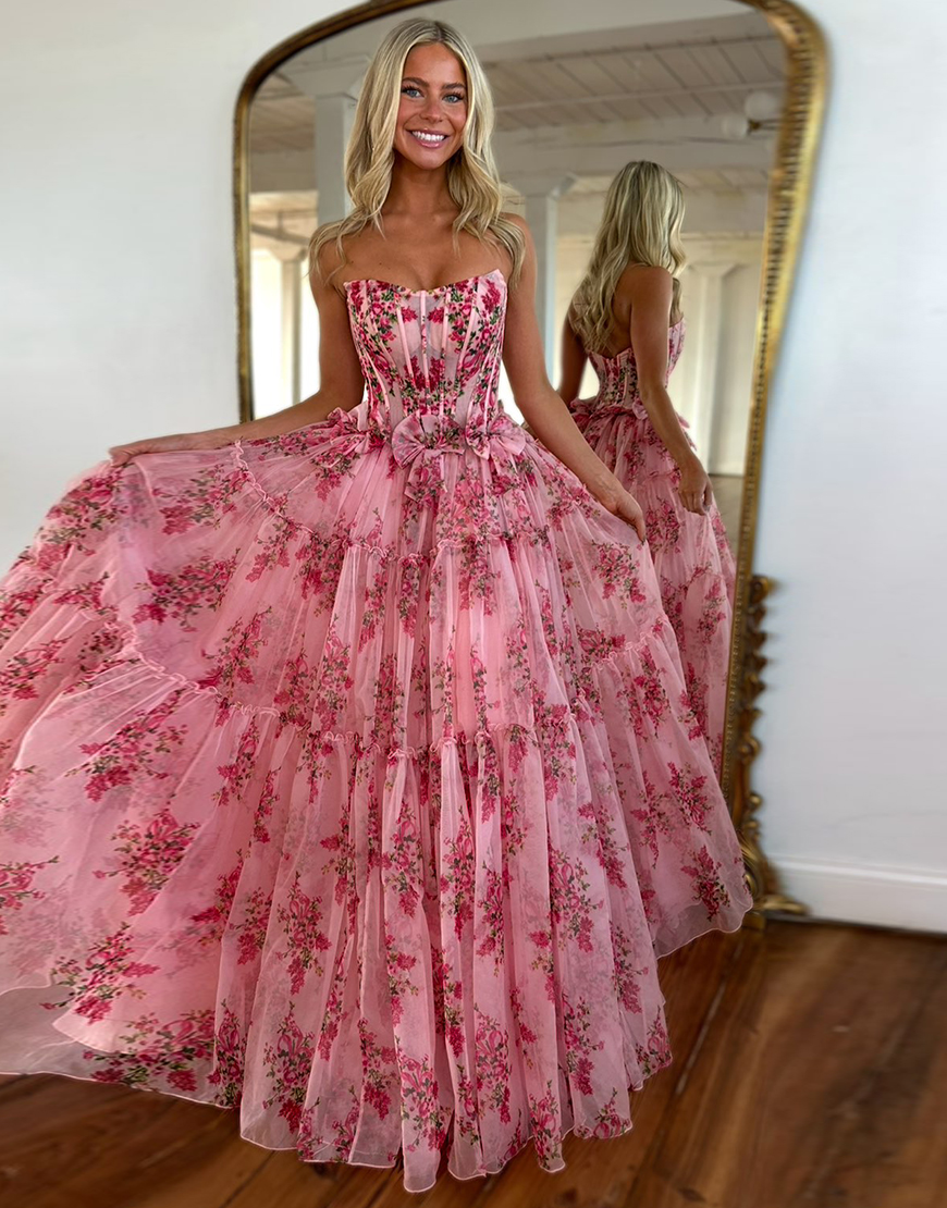A-Line Blush Strapless Corset Long Tulle Prom Dress with Bow