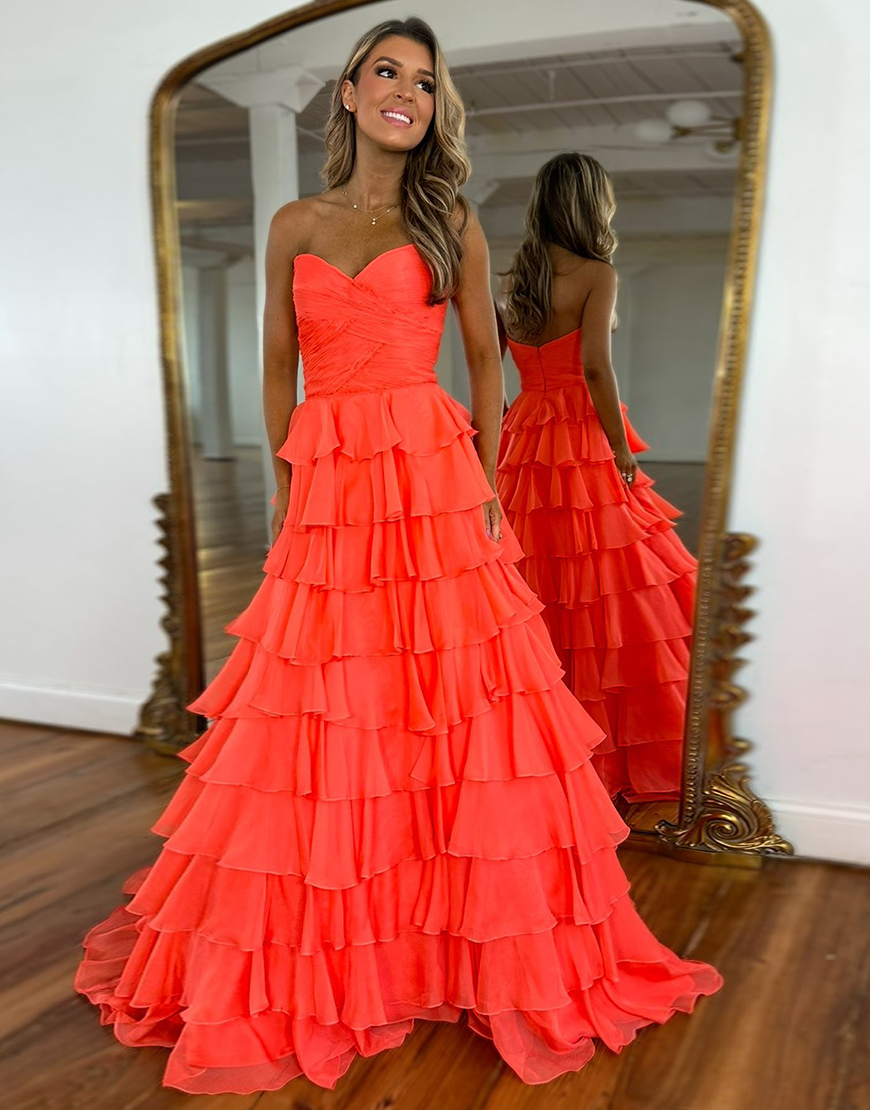 Orange A-Line Sweetheart Long Tulle Prom Dress with Ruffles