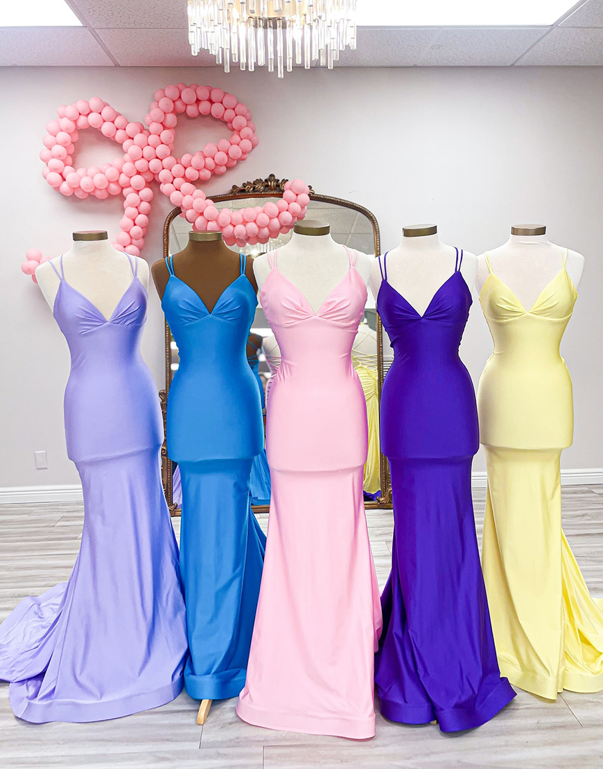 Blue Bodycon Spaghetti Straps Empire Waist Long Satin Prom Dress 