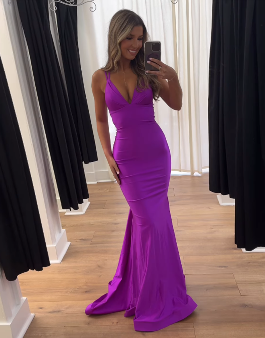 Blue Bodycon Spaghetti Straps Empire Waist Long Satin Prom Dress 