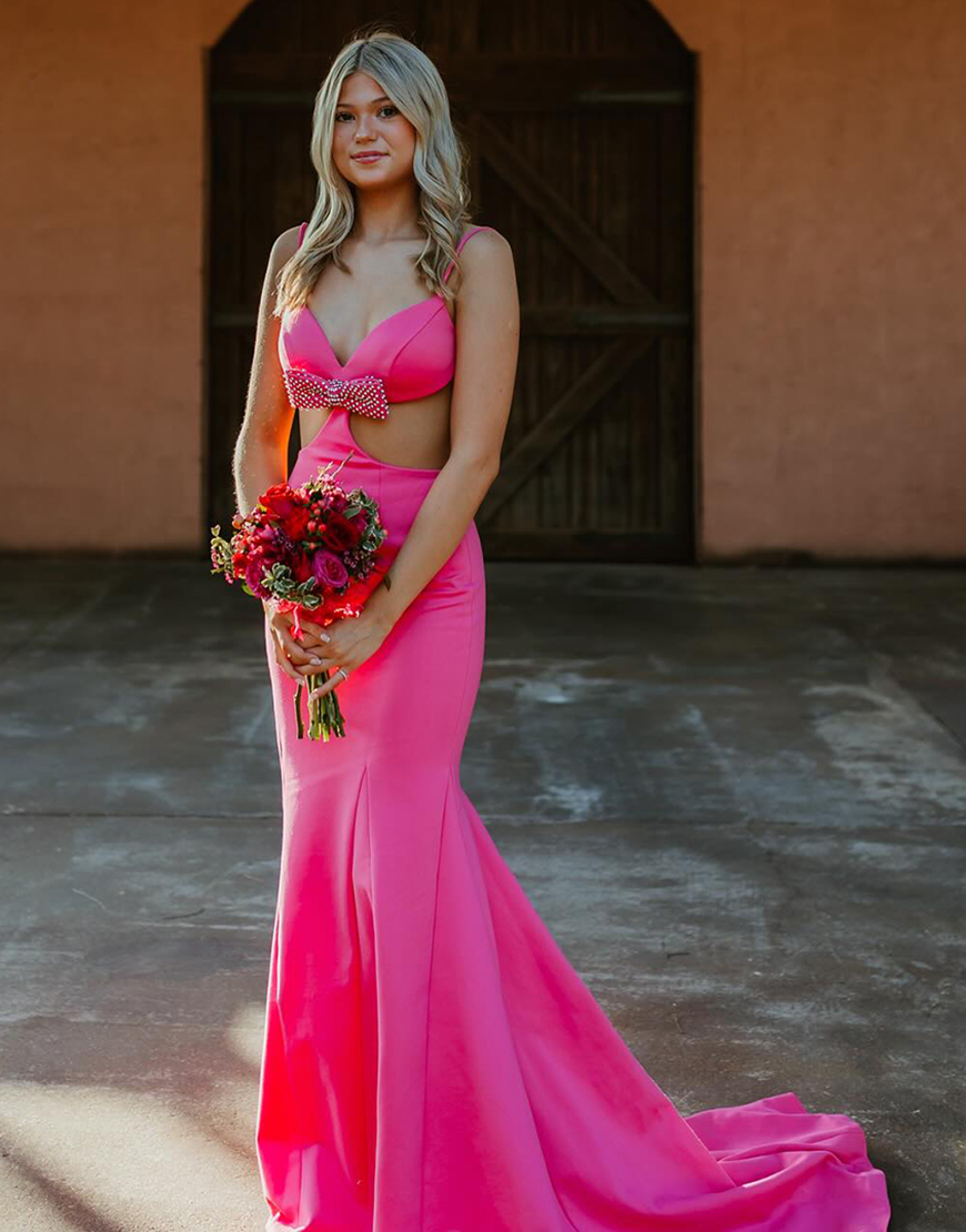 Black Bodycon Spaghetti Straps Open Back Long Prom Dress With Bow