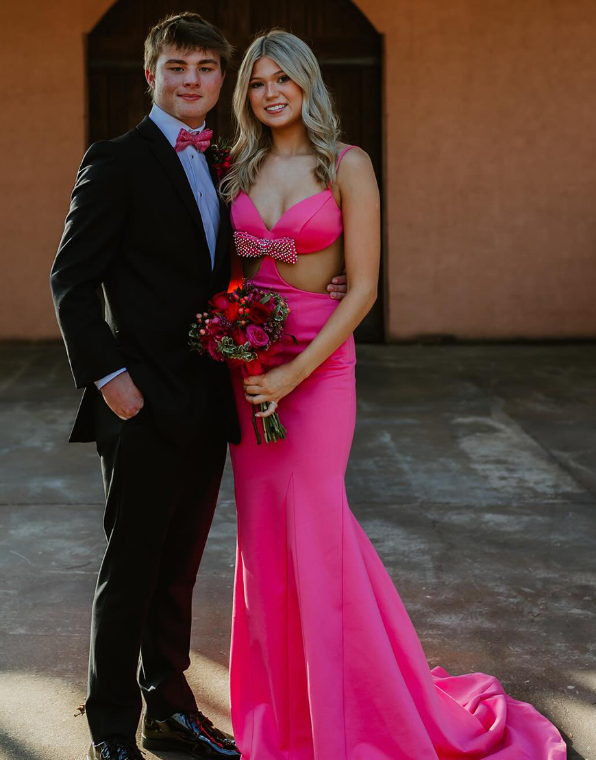 Black Bodycon Spaghetti Straps Open Back Long Prom Dress With Bow