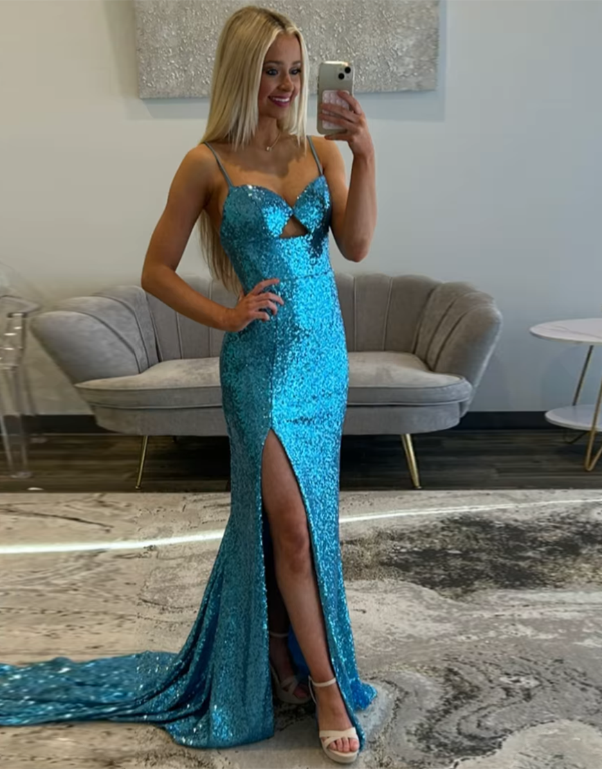 Sparkly Blue Bodycon Spaghetti Straps Slit Long Prom Dress With Sequin