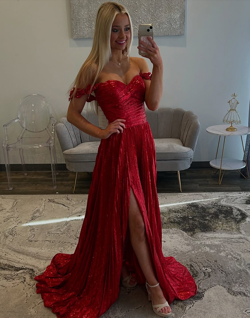 Sparkly Red A-Line Off The Shoulder Slit Long Prom Dress with Sequin