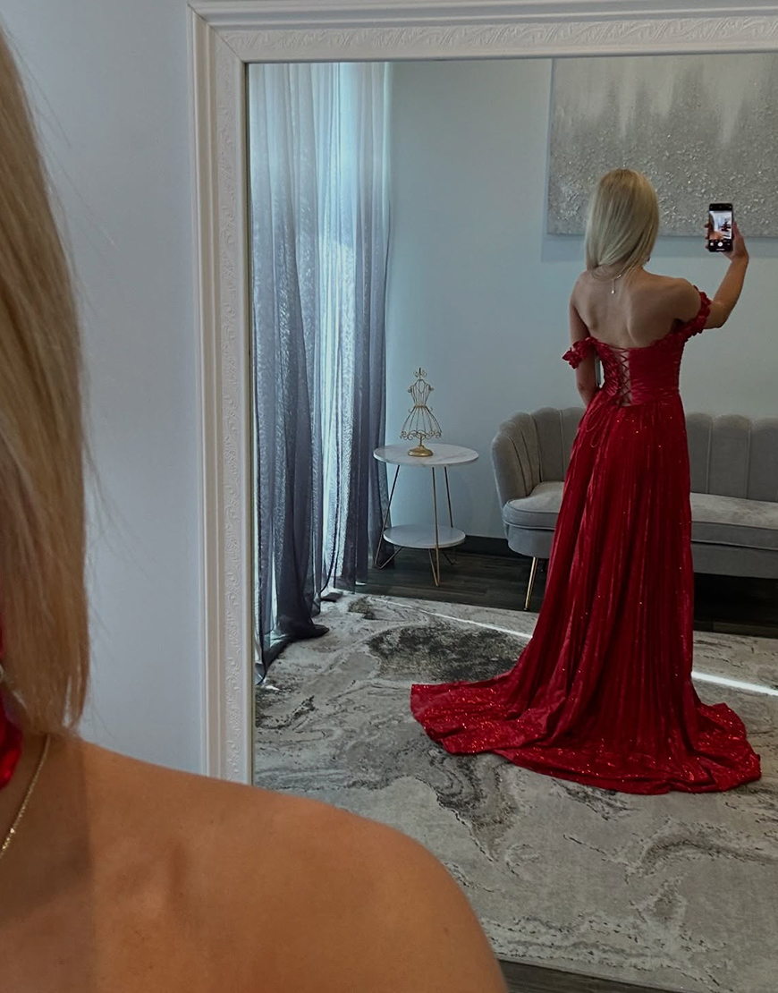 Sparkly Red A-Line Off The Shoulder Slit Long Prom Dress with Sequin