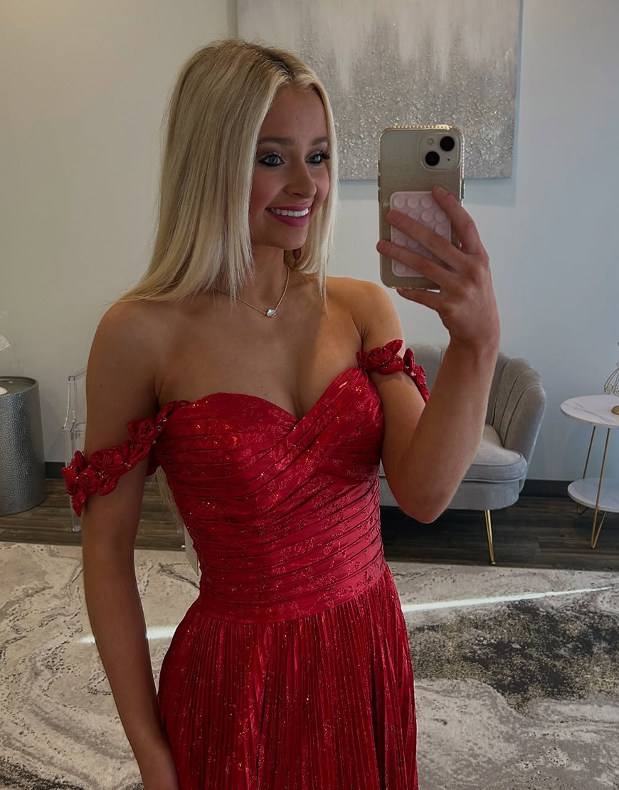 Sparkly Red A-Line Off The Shoulder Slit Long Prom Dress with Sequin