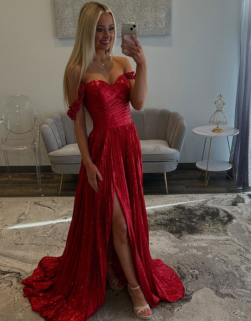 Sparkly Red A-Line Off The Shoulder Slit Long Prom Dress with Sequin