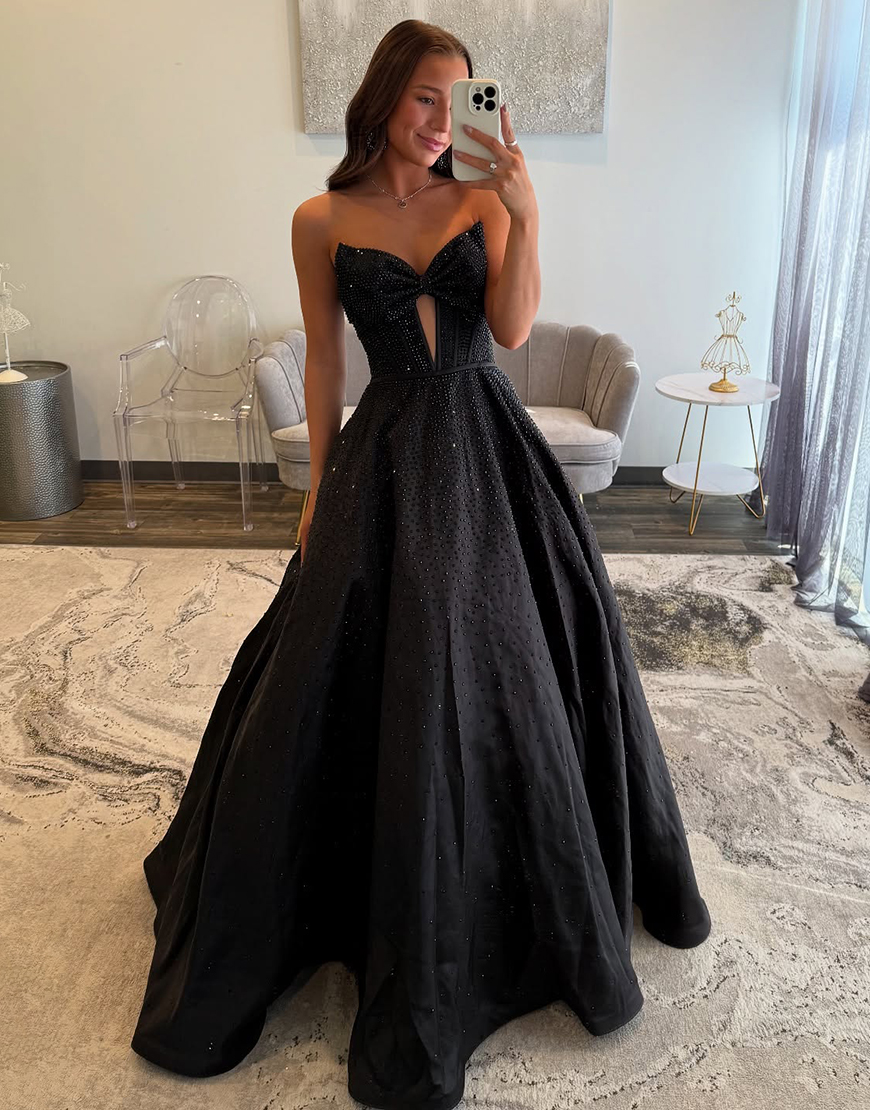 Sparkly Black A-Line Strapless Corset Long Beaded Prom Dress with Bow