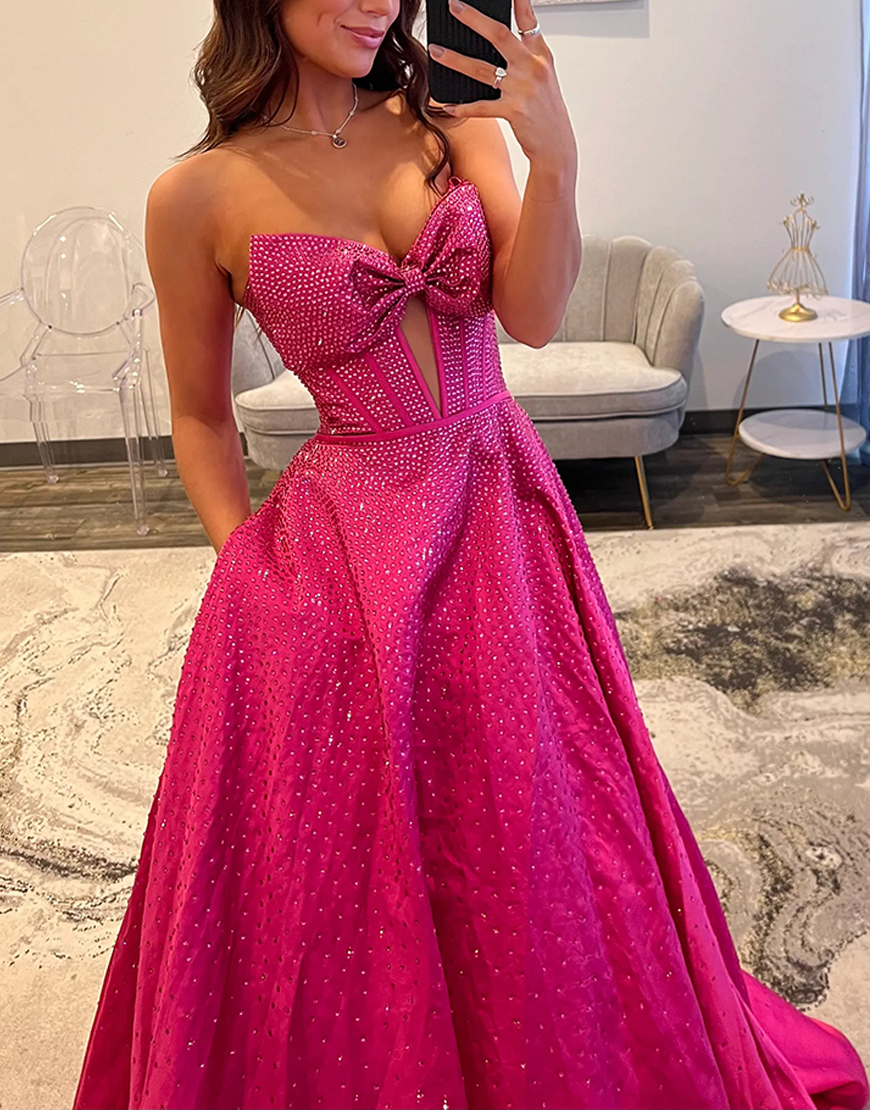 Sparkly Black A-Line Strapless Corset Long Beaded Prom Dress with Bow