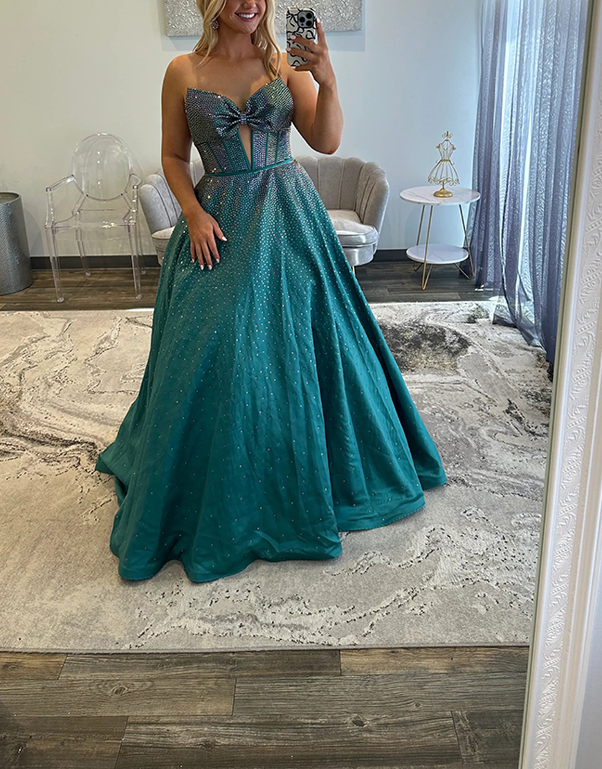 Sparkly Black A-Line Strapless Corset Long Beaded Prom Dress with Bow