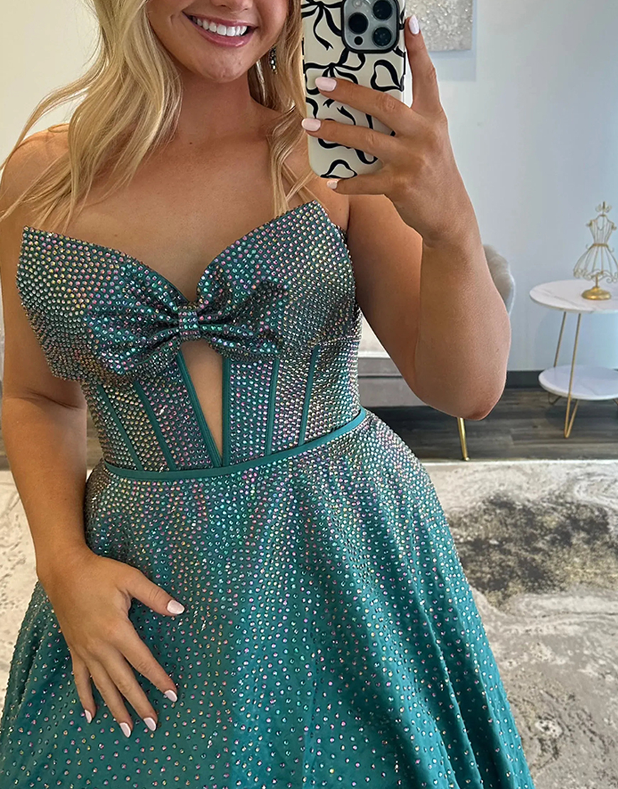 Sparkly Black A-Line Strapless Corset Long Beaded Prom Dress with Bow