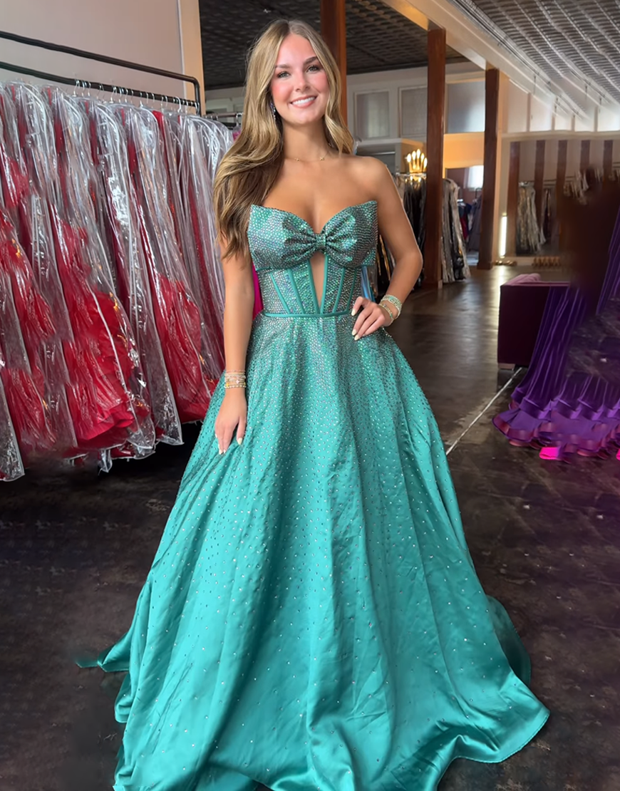 Sparkly Black A-Line Strapless Corset Long Beaded Prom Dress with Bow