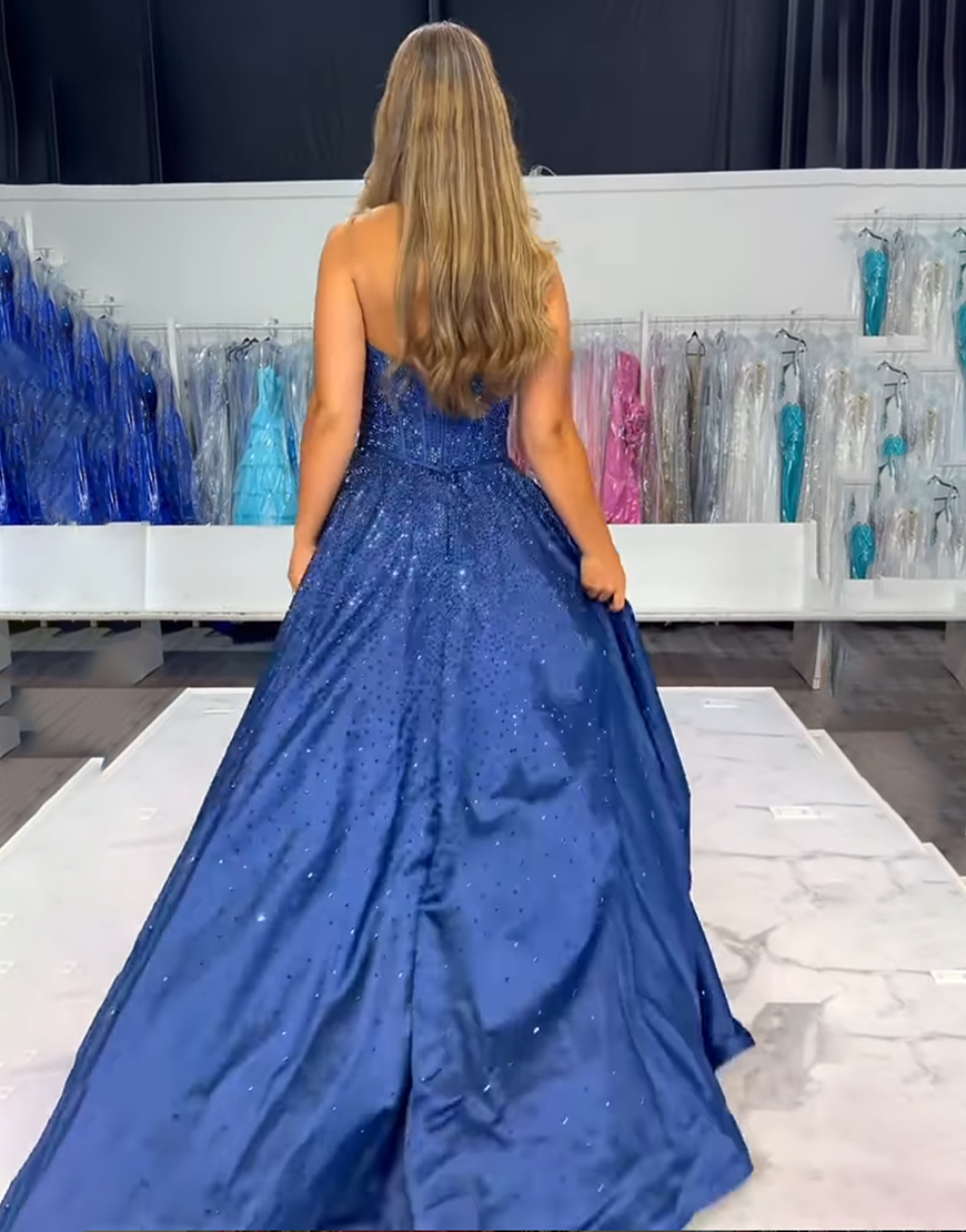 Sparkly Black A-Line Strapless Corset Long Beaded Prom Dress with Bow