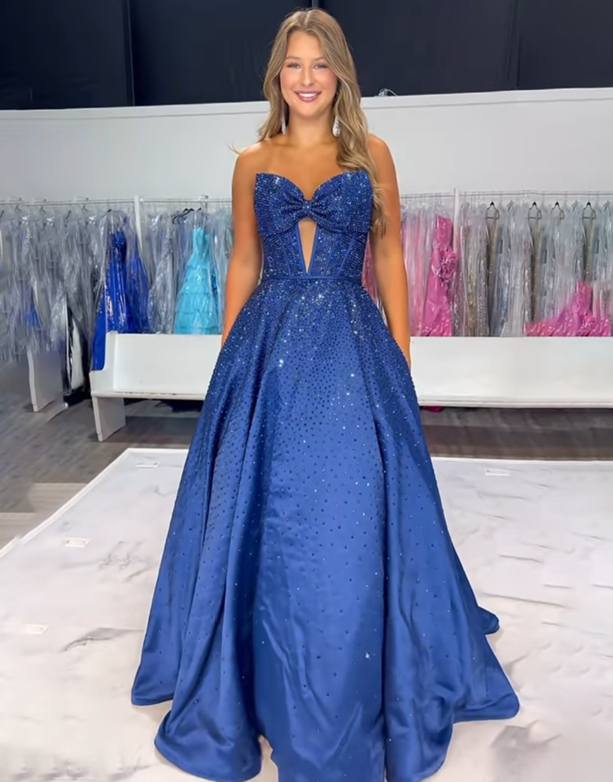 Sparkly Black A-Line Strapless Corset Long Beaded Prom Dress with Bow