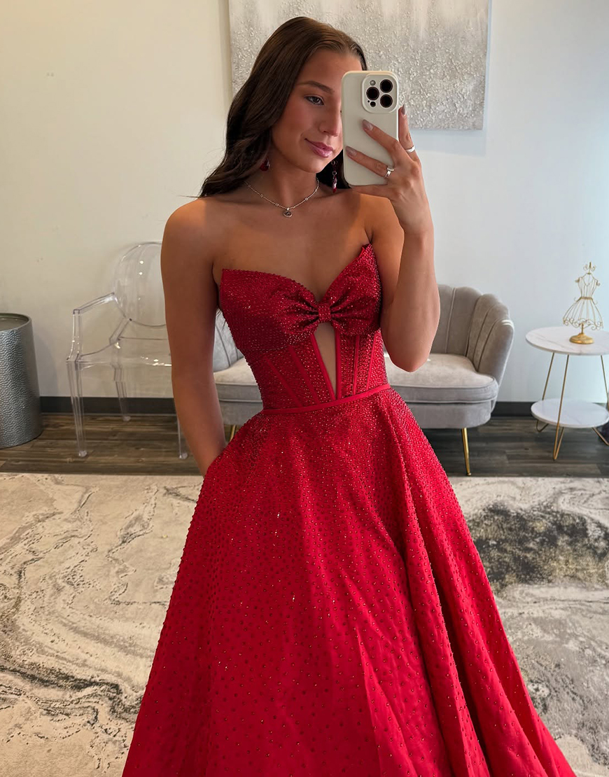 Sparkly White Sweetheart Princess Long Beaded Corset Prom Dress with Bow