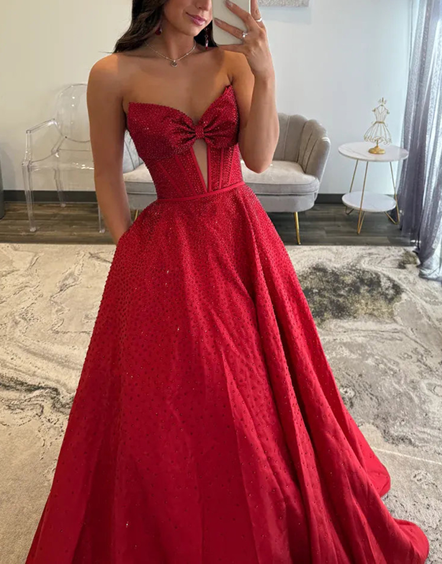 Sparkly Black A-Line Strapless Corset Long Beaded Prom Dress with Bow