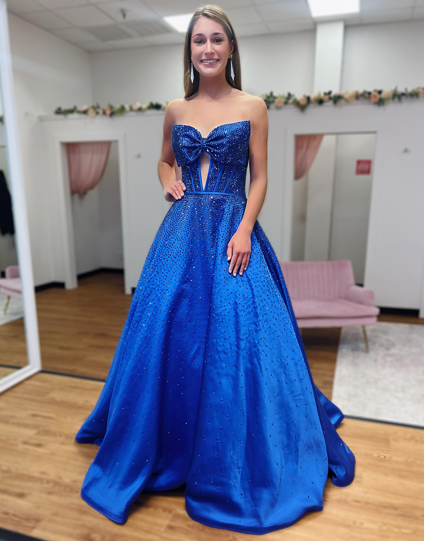 Berlinnova Women Sparkly Royal Blue A-Line Prom Dress Strapless Corset Long Beaded Pageant Dress with Bow