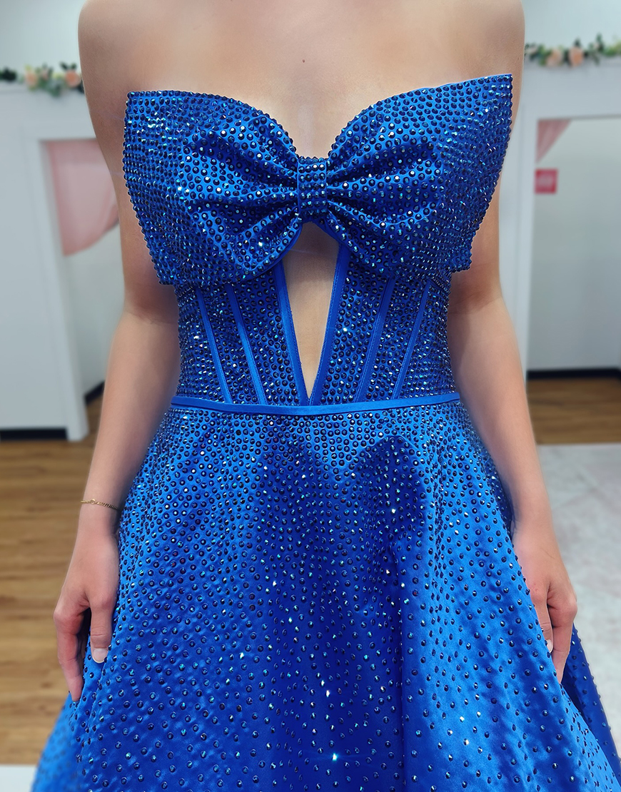 Sparkly Black A-Line Strapless Corset Long Beaded Prom Dress with Bow