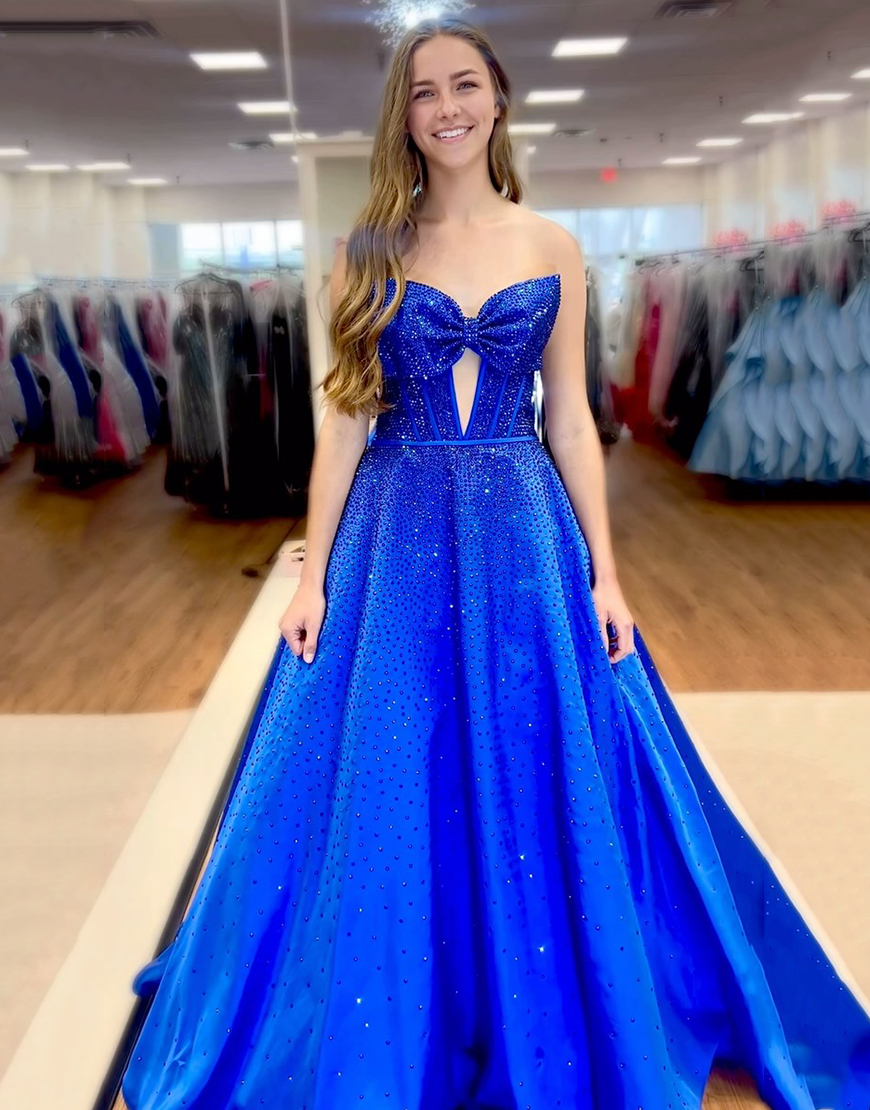 Sparkly Black A-Line Strapless Corset Long Beaded Prom Dress with Bow