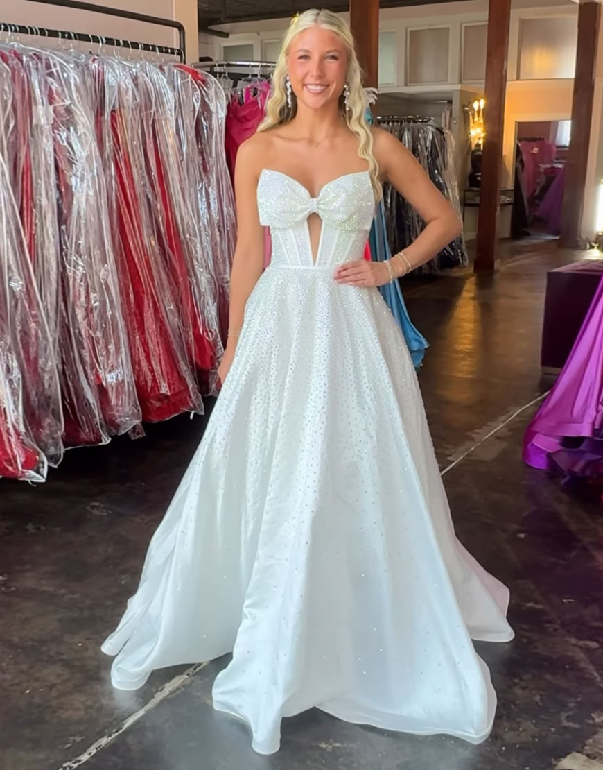 Sparkly Black A-Line Strapless Corset Long Beaded Prom Dress with Bow