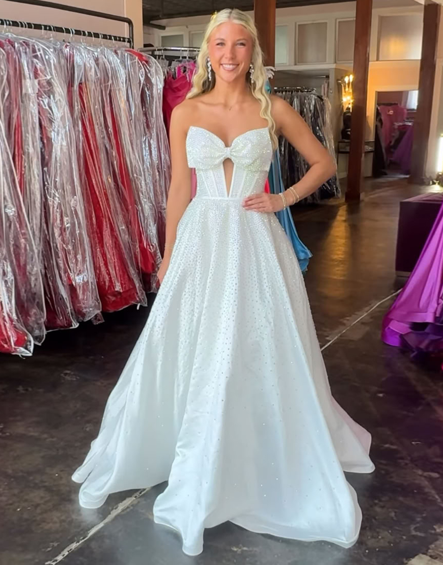 Sparkly Black A-Line Strapless Corset Long Beaded Prom Dress with Bow