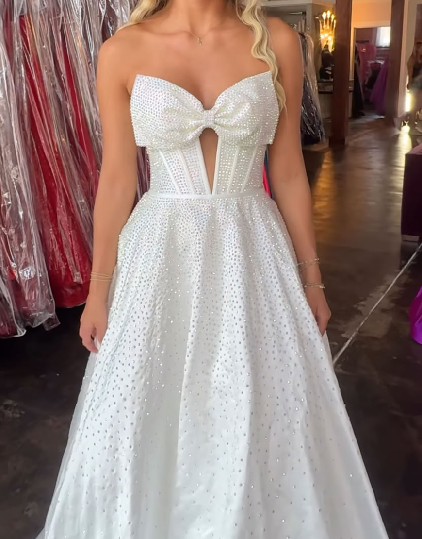 Sparkly Black A-Line Strapless Corset Long Beaded Prom Dress with Bow