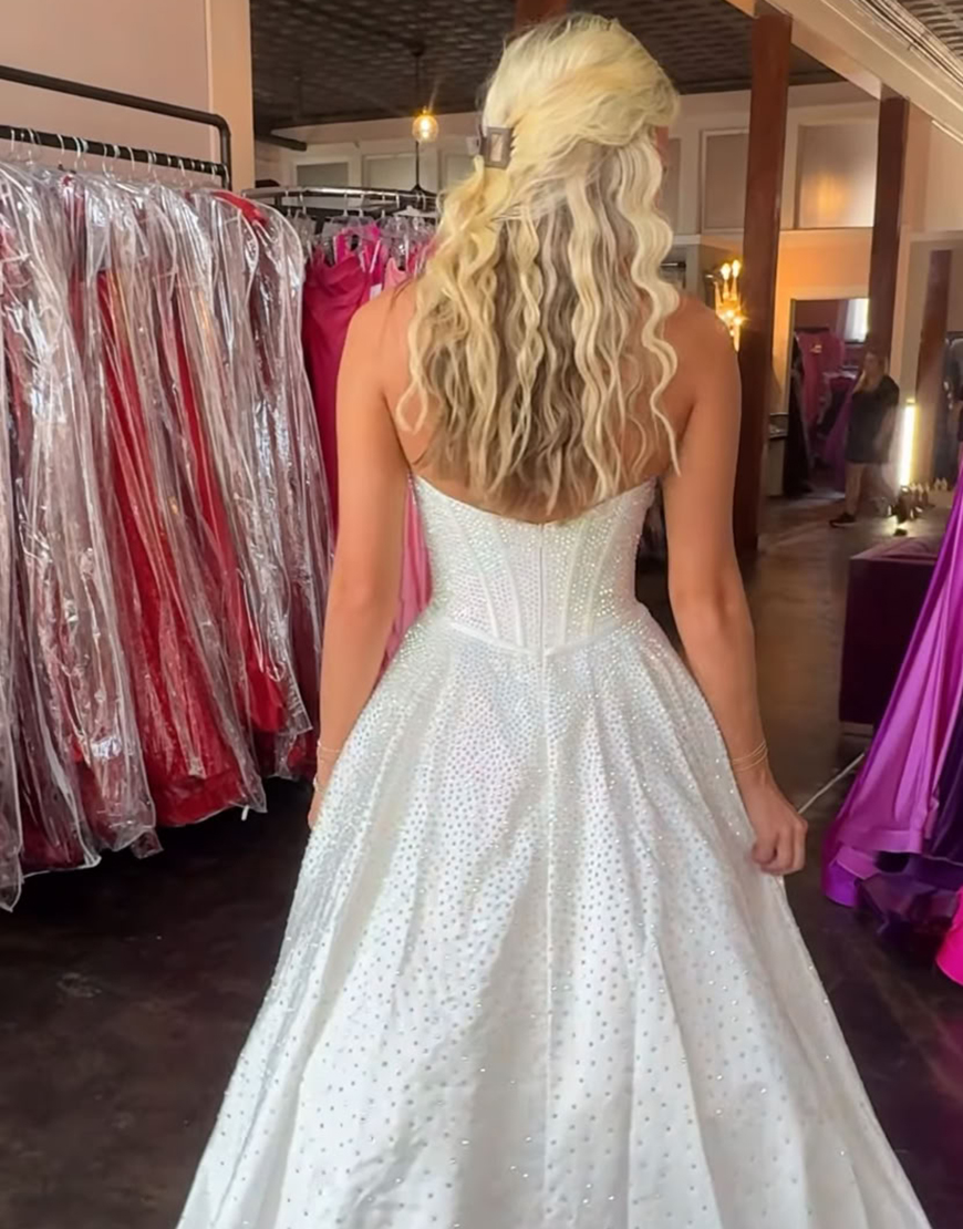 Sparkly Black A-Line Strapless Corset Long Beaded Prom Dress with Bow