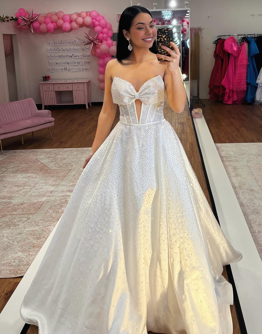 Sparkly Black A-Line Strapless Corset Long Beaded Prom Dress with Bow