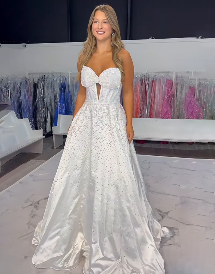 Sparkly Black A-Line Strapless Corset Long Beaded Prom Dress with Bow